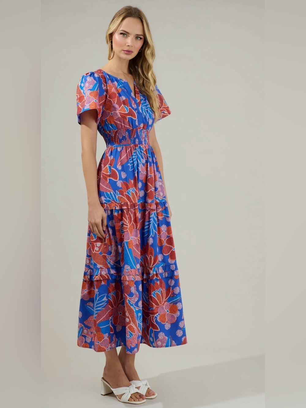 Sugarlips Amazonia Palmer Blue Floral Cotton Tiered Maxi Dress XS